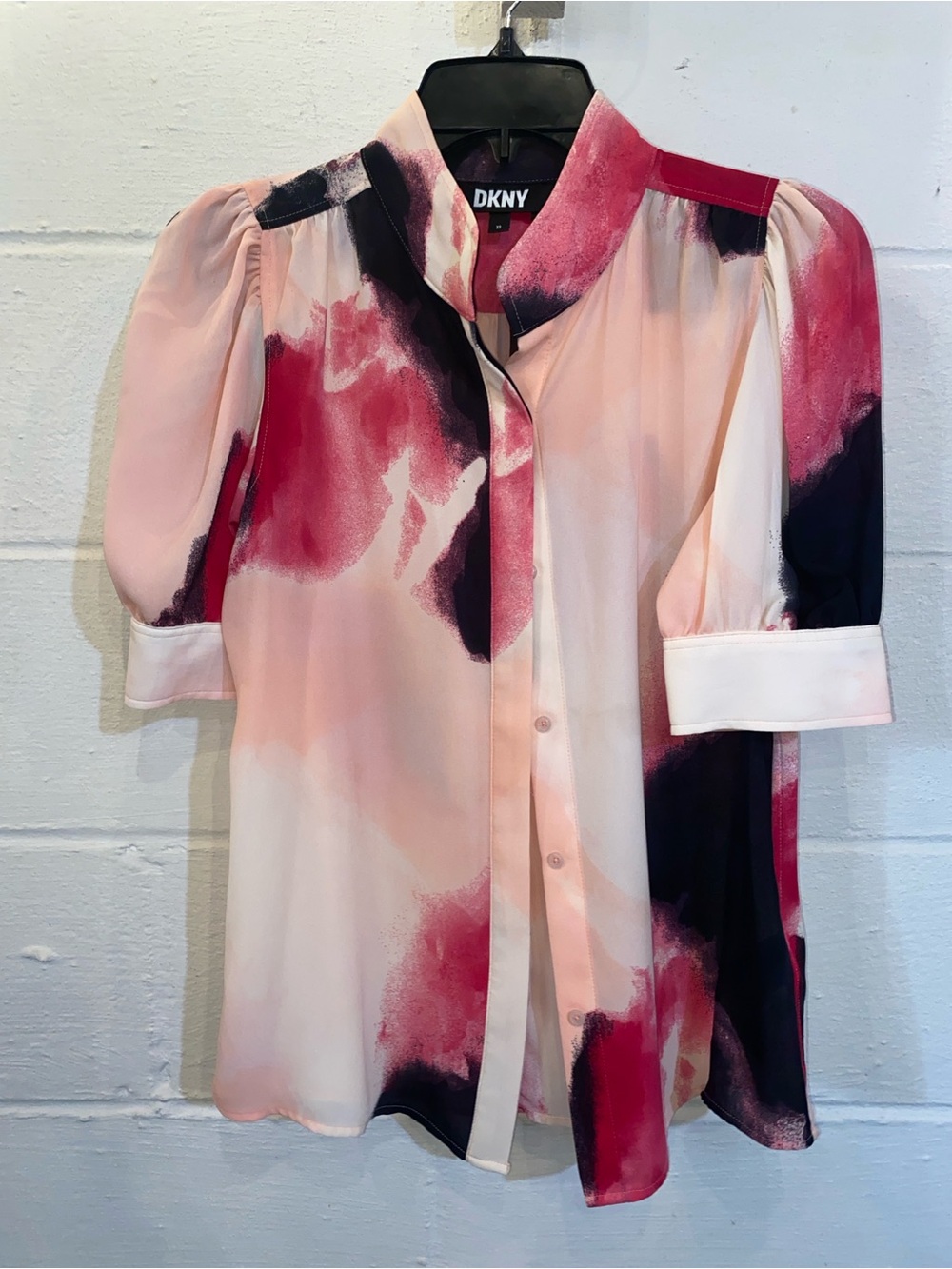 DKNY Pink & Cream Abstract Puff-Sleeve Blouse
